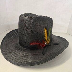 vintage straw  Lanning size 6 3/4 Cowboy Hat with feather